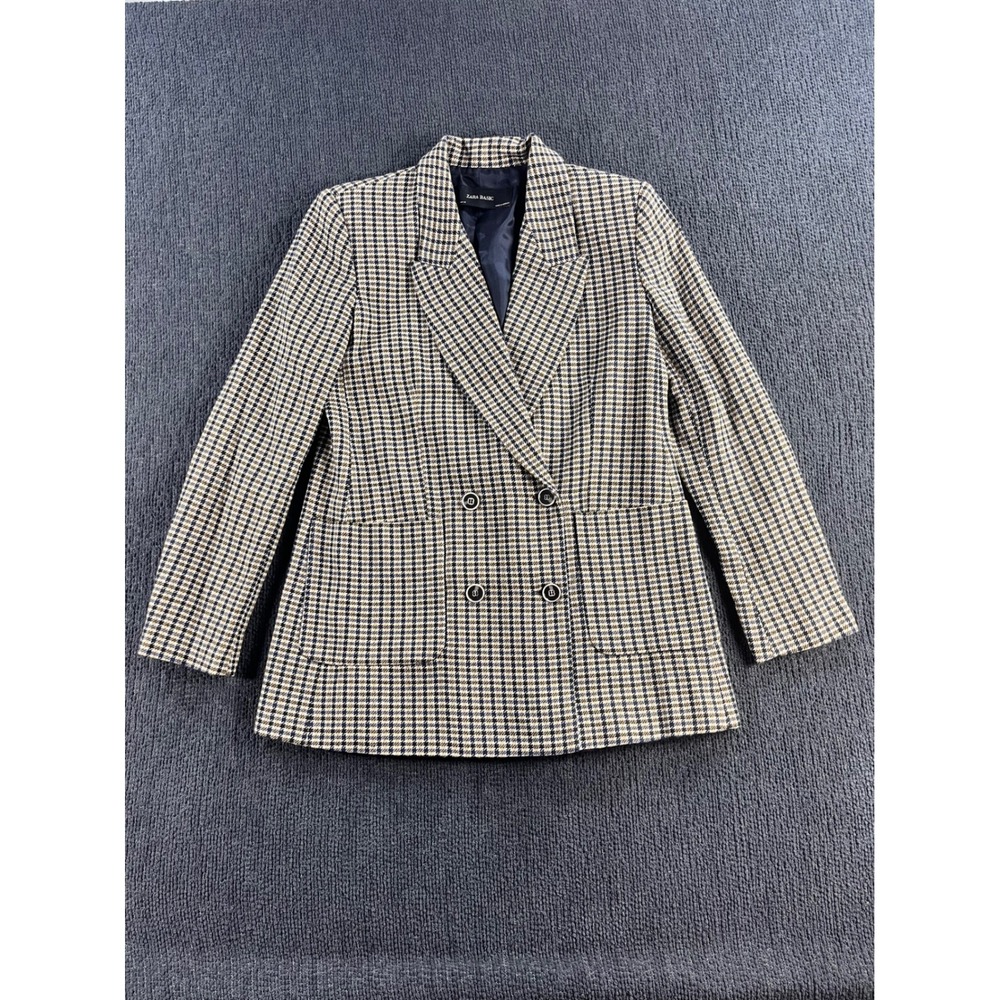 Zara Basic Womens Houndstooth Double Breasted Blazer Elbow Patches Tan Navy‎ S